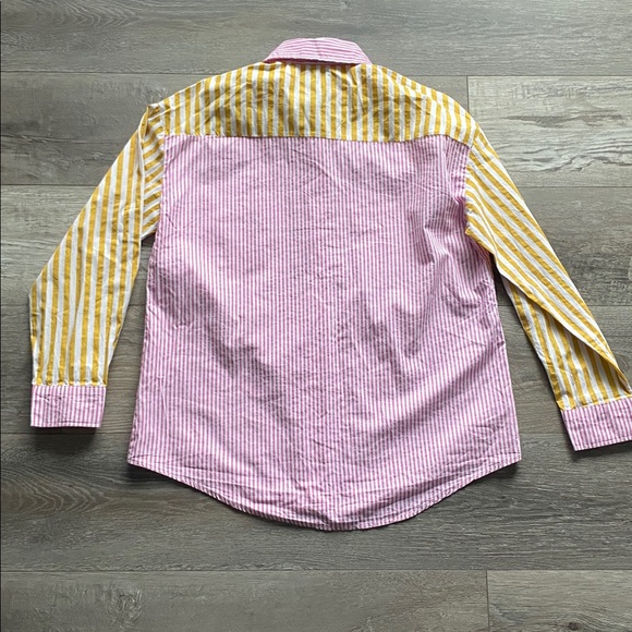 Striped Color Block Button Down Shirt Womens Sz MD Pink Yellow Summer Coastal - Picture 4 of 5